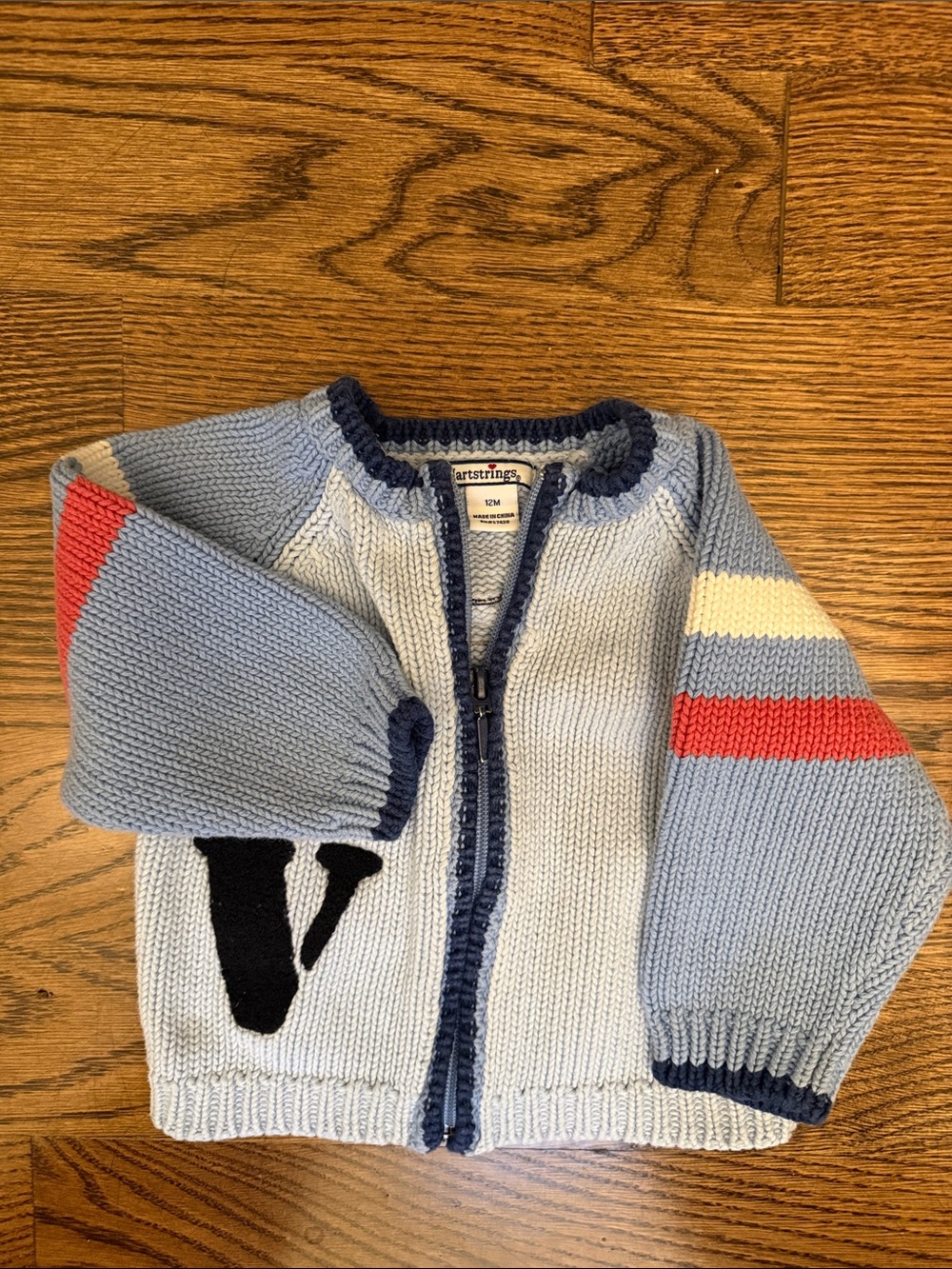 Hartstrings Baby Blue Knit Zip Cardigan with Red and Navy Accents